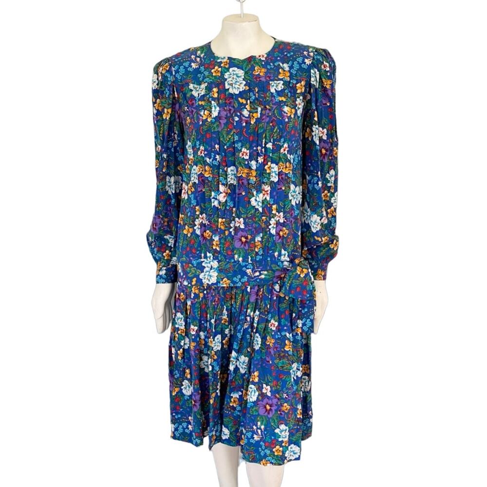 VTG ALBERT NIPON 100% Silk Drop Waist Floral Strawberry Print Midi Dress SZ 8